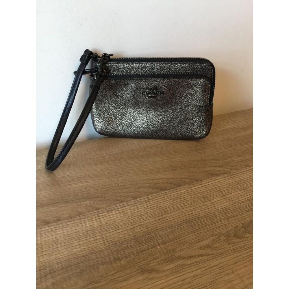 Coach Metallic Black & Gold Pebbled Leather Double Corner Zip Wristlet